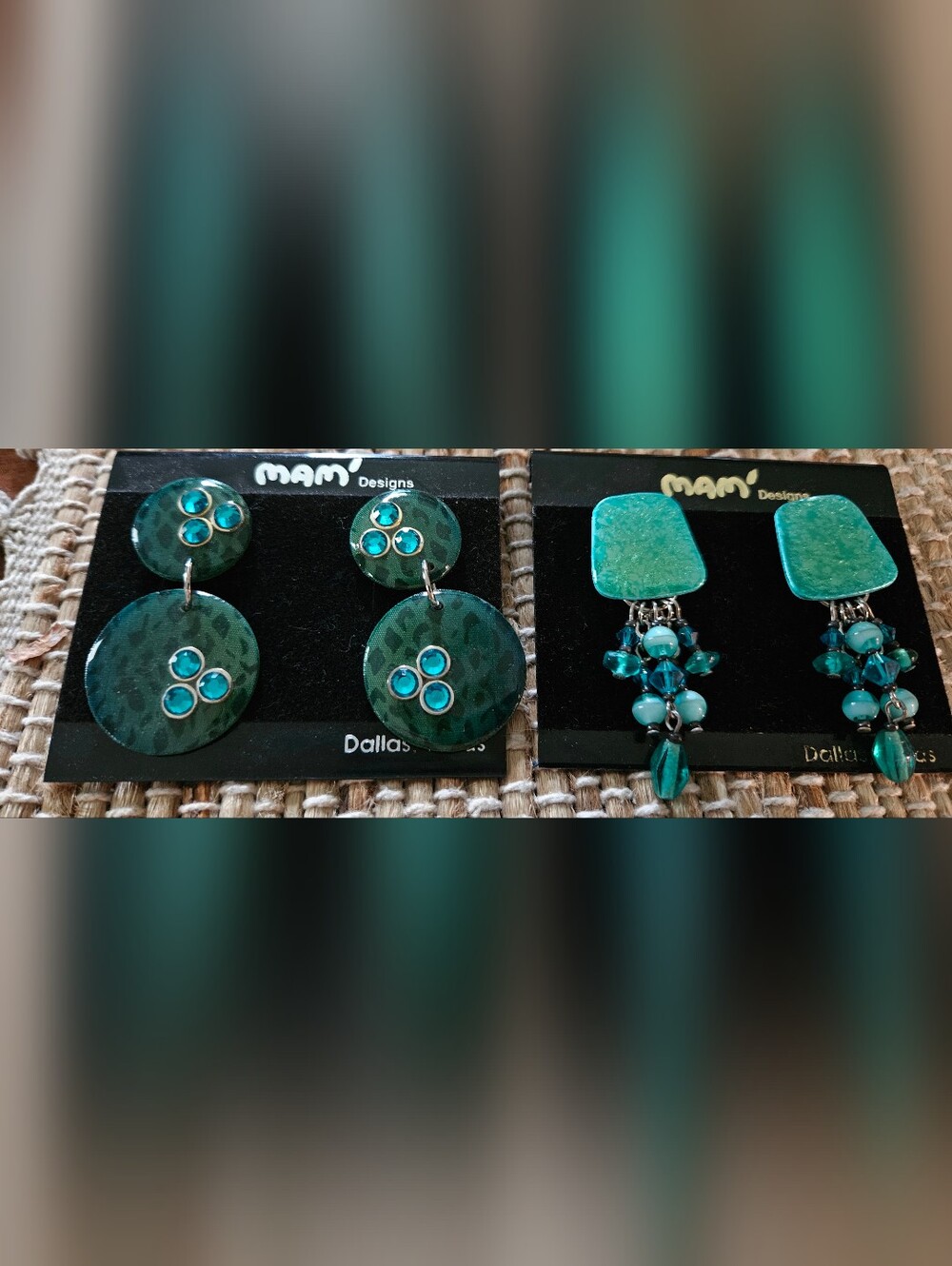 MAM Blue-Green Teal Qty2 Earrings Lightweight Vintage Swarovski Art Deco Whimsy